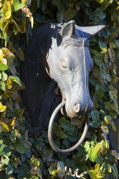 USA, South Carolina, Charleston. Ornament of a horse head on wall of home