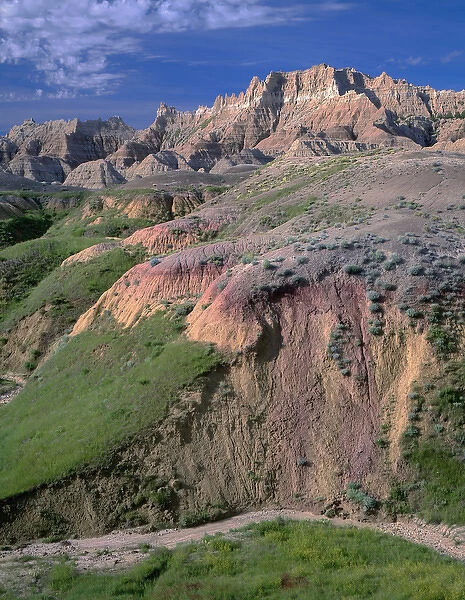 USA, South Dakota, Badlands National Park, North Unit, Pinnacles rise above grass