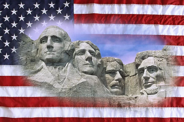 USA, South Dakota. Digital composite of American flag and Mt. Rushmore National Monument
