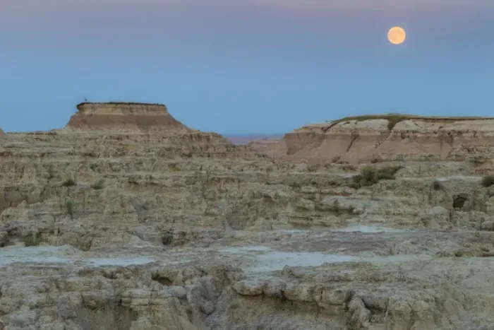 Framed Print : USA, South Dakota. Moonrise in Badlands National Park