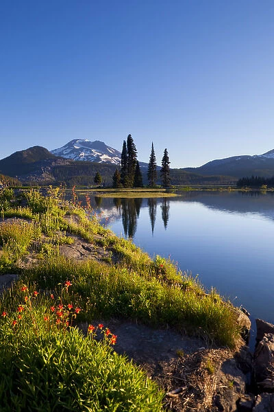 USA, Sparks Lake, Oregon. Sunrise at Sparks Lake, with red columbine in foreground