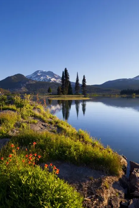 Framed Print : USA, Sparks Lake, Oregon. Sunrise at Sparks Lake, with red columbine in foreground Framed Print : USA, Sparks Lake, Oregon. Sunrise at Sparks Lake, with red columbine in foreground