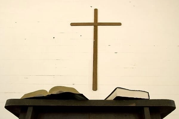 USA, Tennessee, Cades Cove. Close-up of cross, bible, book, and pulpit in church