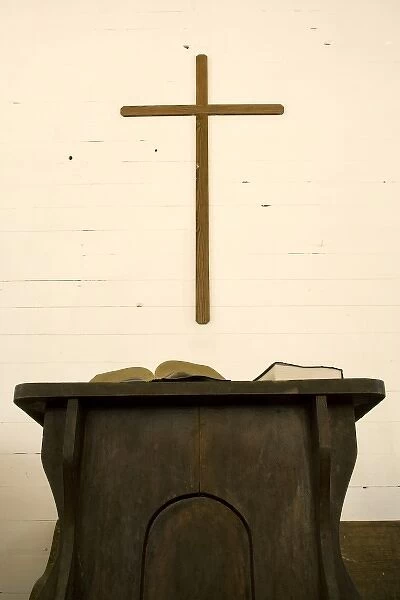 USA, Tennessee, Cades Cove. Cross, book and pulpit in church