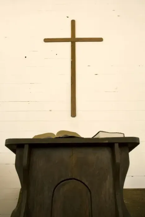 Framed Print : USA, Tennessee, Cades Cove. Cross, book and pulpit in church