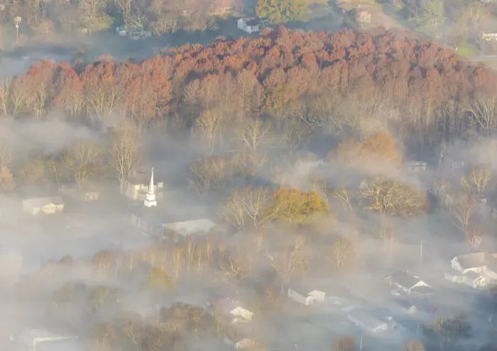 Framed Print : USA, Tennessee. Church steeple rises above fog