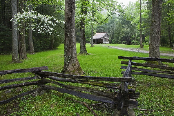 USA, Tennessee, Great Smoky Mountains National Park. Split rail fence and abandoned log cabin