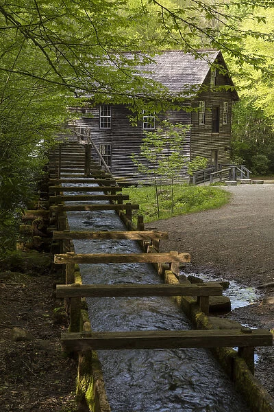 USA, Tennessee, Great Smoky Mountains National Park. Wooden flume directs water towards Mingus Mil