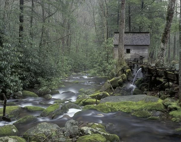 USA, Tennessee, Great Smoky Mountains National Park. Tub Mill along Roaring Fork