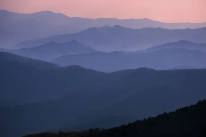 Framed Print : USA, Tennessee, Great Smoky Mountains National Park. Mountain ridges at sunset. Credit as