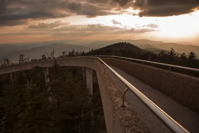 Framed Print : USA, Tennessee, Great Smoky Mountains National Park. Sunset over walkway. Credit as