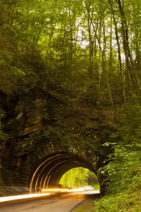 Framed Print : USA, Tennessee, Great Smoky Mountains National Park. Vehicle headlights passing through tunnel