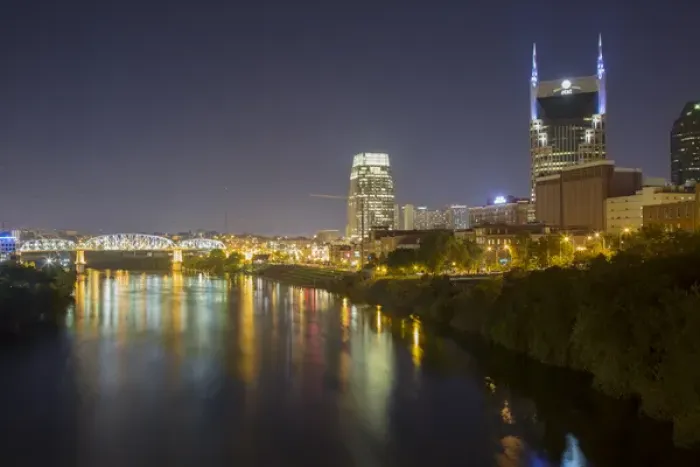 Framed Print : USA, Tennessee, Nashville. City lights reflected in Cumberland River Framed Print : USA, Tennessee, Nashville. City lights reflected in Cumberland River