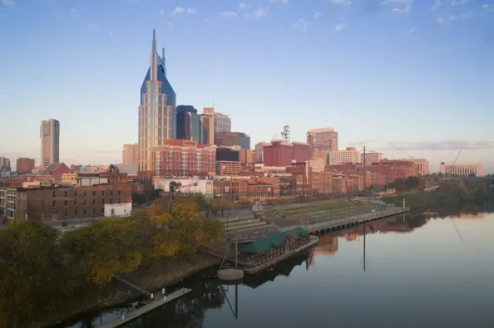 Framed Print : USA-TENNESSEE-Nashville: Downtown & Cumberland River in the morning