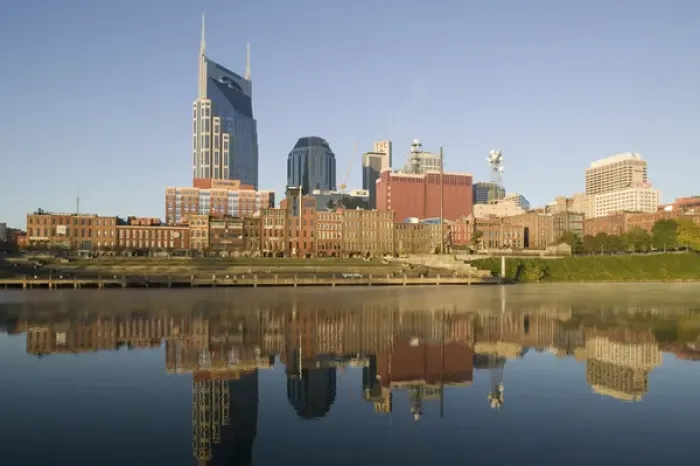 Framed Print : USA, Tennessee, Nashville: Morning City Skyline along Cumberland River Framed Print : USA, Tennessee, Nashville: Morning City Skyline along Cumberland River