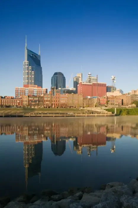 Framed Print : USA, Tennessee, Nashville: Morning City Skyline along Cumberland River
