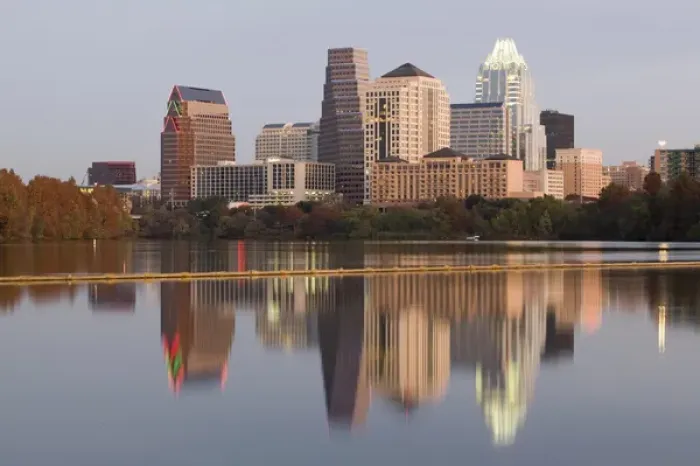 Framed Print : USA-TEXAS-Austin: City Skyline along Town Lake / Dawn Framed Print : USA-TEXAS-Austin: City Skyline along Town Lake / Dawn