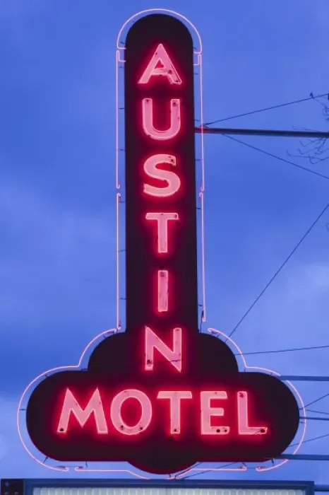 Framed Print : USA, TEXAS, Austin: Hip South Congress Ave. Neighborhood Neon Sign for the Austin Motel Framed Print : USA, TEXAS, Austin: Hip South Congress Ave. Neighborhood Neon Sign for the Austin Motel