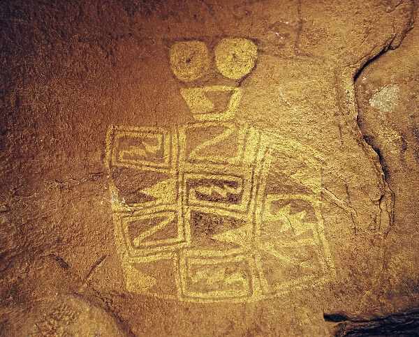 USA, Texas, Hueco Tanks State Park. A Tlaloc pictograph of a Mesoamerican rain diety
