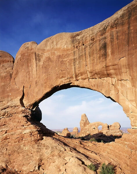 USA, Utah, Arches National Park, Double Arch frames Tunnel arch