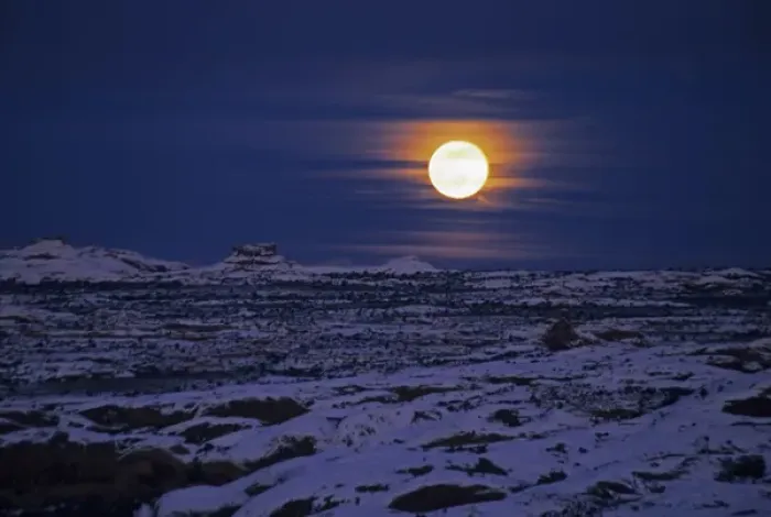 Framed Print : USA, Utah, Arches National Park. Full moon rising over snow-covered landscape. Credit as Framed Print : USA, Utah, Arches National Park. Full moon rising over snow-covered landscape. Credit as