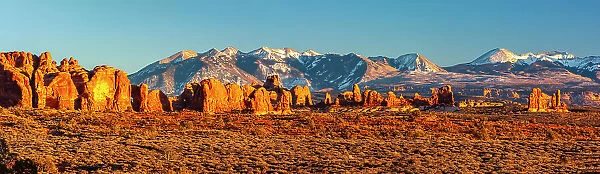 USA, Utah, Arches National Park. Panoramic of La Sal Mountains and Parade Of Elephants formations