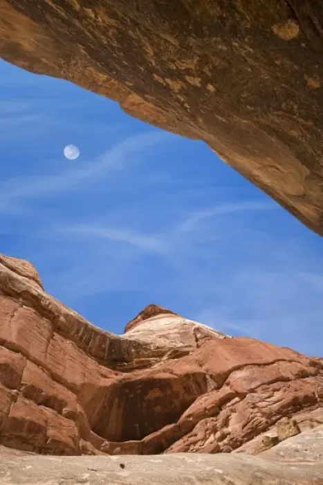 Framed Print : USA, Utah, Canyonlands National Park. Full moon over canyon formations