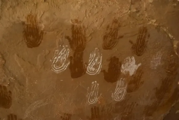 Framed Print : USA, Utah, Canyonlands NP. Ancient pictographs of hands. Needles District Peekaboo Trail