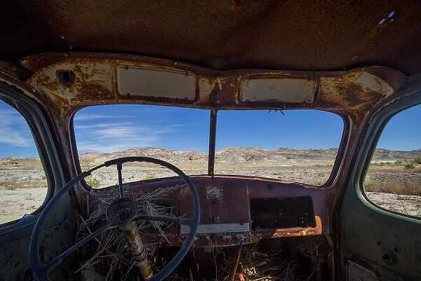 USA, Utah, Capitol Reef National Park. Inside cab of old drilling rig. Credit as