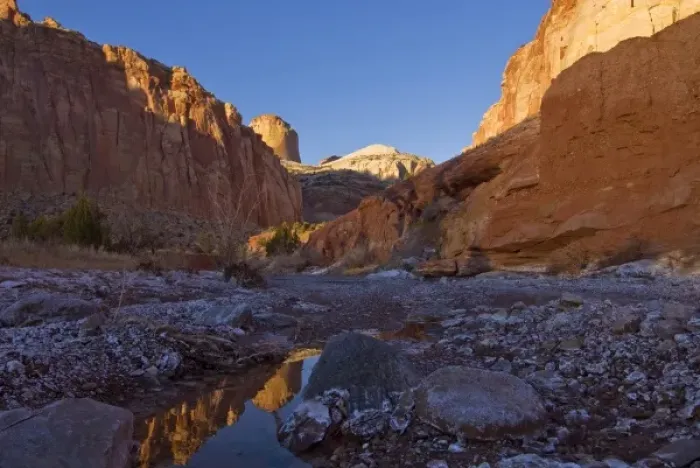 Framed Print : USA, Utah, Capitol Reef National Park. The Golden Cathedral reflected in a small pool Framed Print : USA, Utah, Capitol Reef National Park. The Golden Cathedral reflected in a small pool