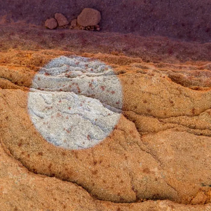 Framed Print : USA, Utah. Circular bleaching pattern in sandstone