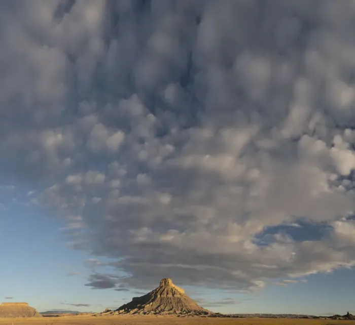 Framed Print : USA, Utah. Early morning clouds at Factory Butte, Upper Blue Hills
