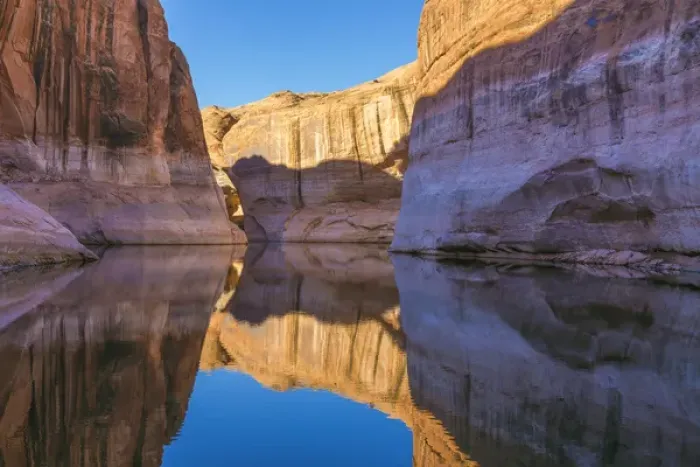 Framed Print : USA, Utah, Glen Canyon National Recreation Area. Abstract reflection of stained sandstone wall