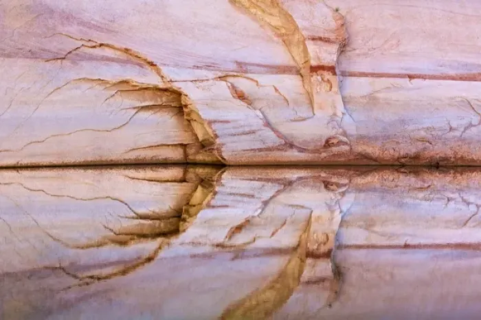 Framed Print : USA, Utah, Glen Canyon National Recreation Area. Abstract reflection of stained sandstone wall