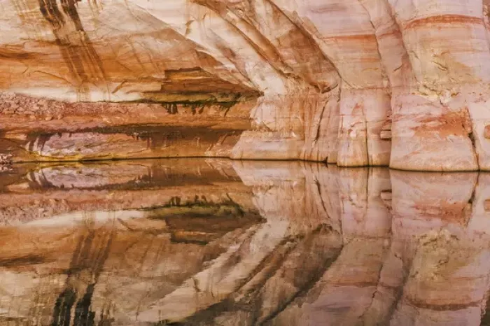 Framed Print : USA, Utah, Glen Canyon National Recreation Area. Abstract reflection of stained sandstone wall