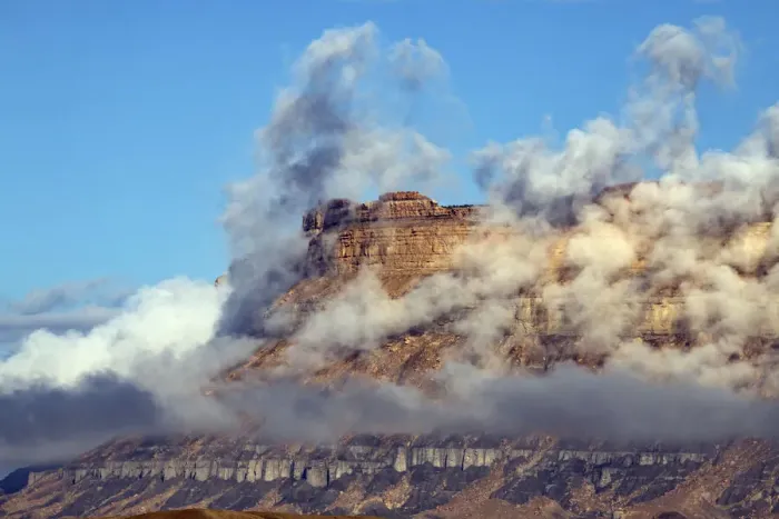 Framed Print : USA, Utah. Green River, Cloud and Mist Shrouded Little Elliot Mesa