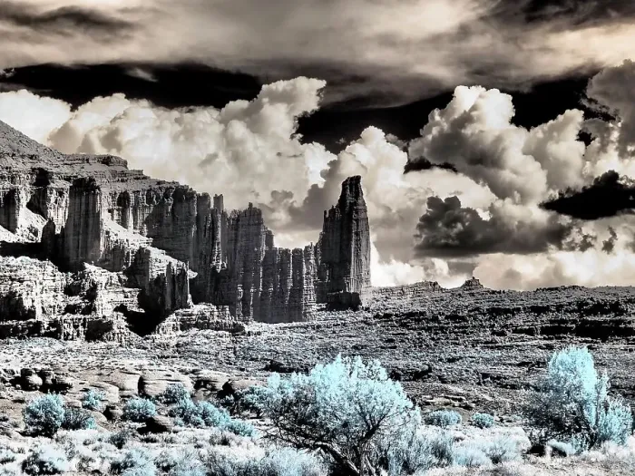 Framed Print : USA, Utah. Infrared of Fisher Towers with large clouds Framed Print : USA, Utah. Infrared of Fisher Towers with large clouds