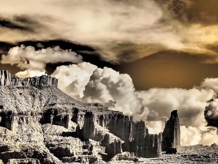 Framed Print : USA, Utah. Infrared of Fisher Towers with large clouds Framed Print : USA, Utah. Infrared of Fisher Towers with large clouds