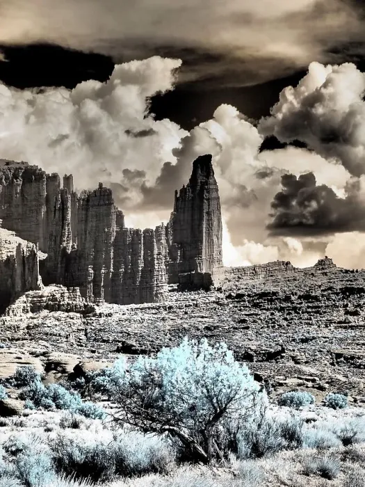 Framed Print : USA, Utah. Infrared of Fisher Towers with large clouds