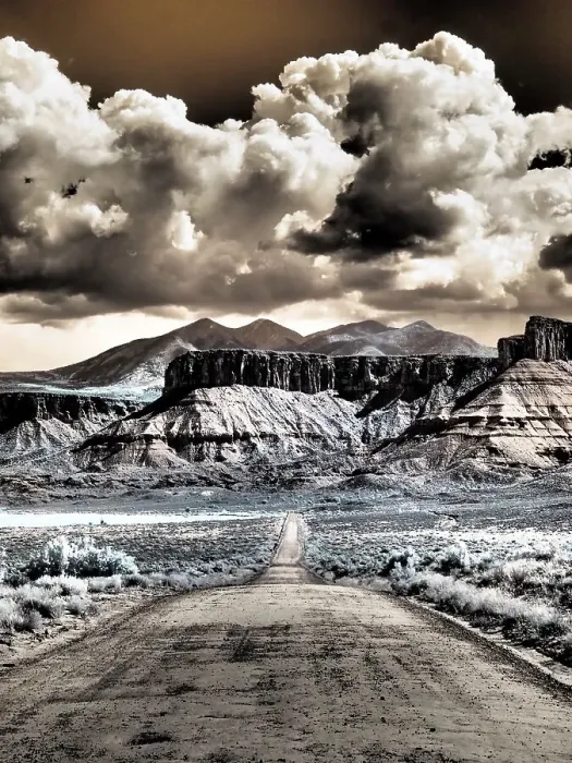 Framed Print : USA, Utah. Infrared of road leading to Fisher Tower and large clouds Framed Print : USA, Utah. Infrared of road leading to Fisher Tower and large clouds