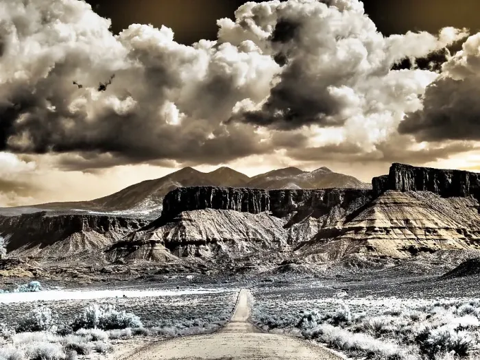Framed Print : USA, Utah. Infrared of road leading to Fisher Tower and large clouds Framed Print : USA, Utah. Infrared of road leading to Fisher Tower and large clouds