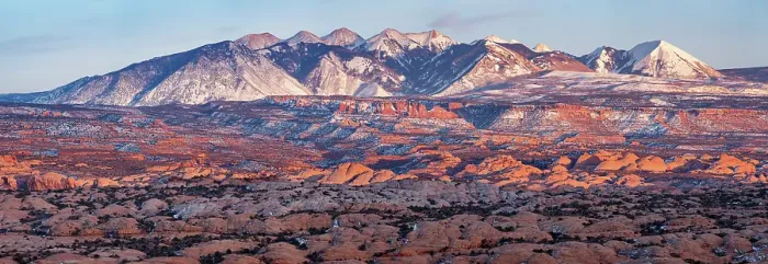 Framed Print : USA, Utah, Moab. Arches National Park, Panoramic view of La Sal Mountains at sunset in winter