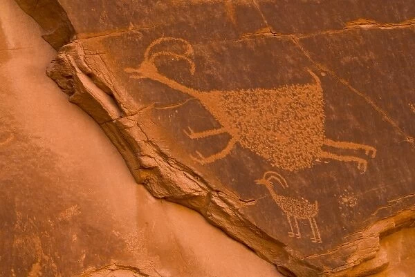 USA, Utah, Monument Valley National Park. Close-up of an ancient petroglyph etching on rock face