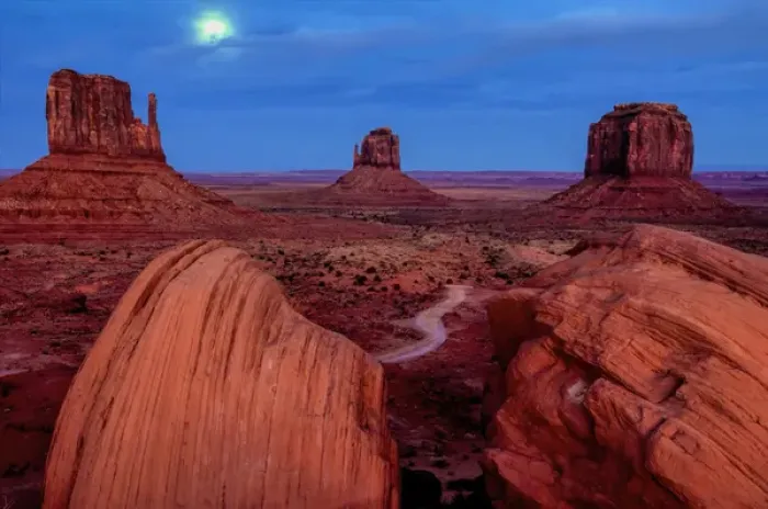 Framed Print : USA, Utah, Monument Valley Navajo Tribal Park. Moon and landscape of eroded formations Framed Print : USA, Utah, Monument Valley Navajo Tribal Park. Moon and landscape of eroded formations