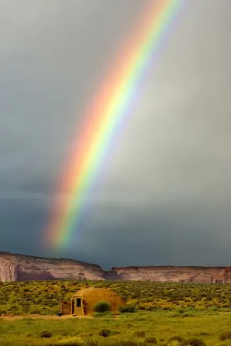 Framed Print : USA, Utah, Monument Valley Navajo Tribal Park. Rainbow over a Navajo hogan