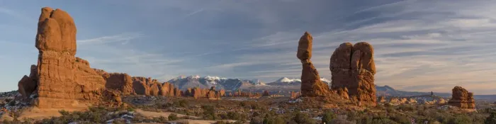 Framed Print : USA, Utah. Panoramic image of Balanced Rock at sunset, Arches National Park