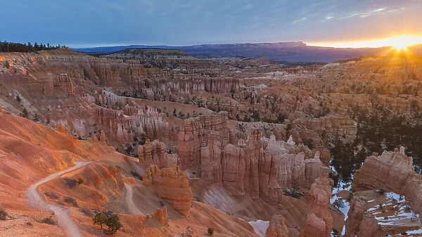 USA, Utah, Panoramic view of iconic Hoodoos at sunrise in the amphitheater of Bryce