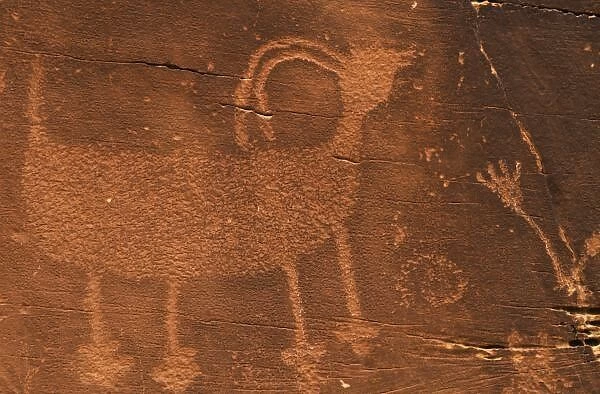 USA, Utah. Prehistoric petroglyph rock art at Dinosaur National Monument. Credit as
