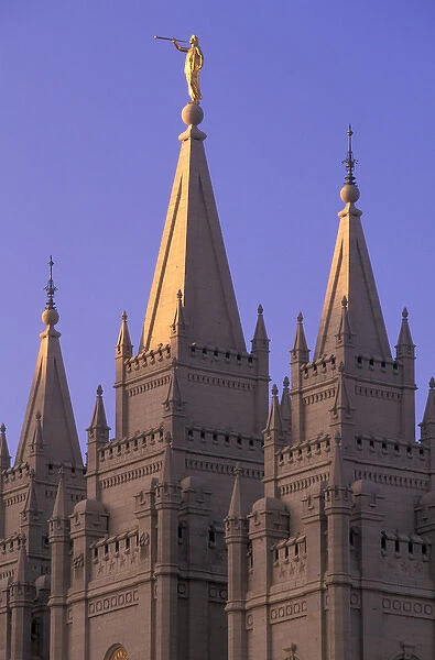 USA, Utah, Salt Lake City, Temple Square, Mormon Temple at dawn, Angel Moroni