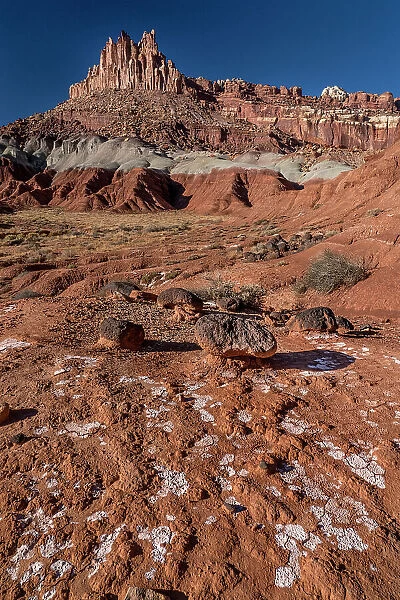 USA, Utah. Sandstone geological features and autumn foliage, Capitol Reef National Park